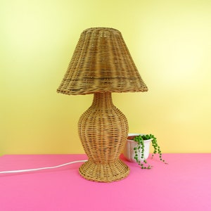 Vintage wicker handwoven bamboo table lamp, coastal farmhouse style, contemporary retro tiki boho rustic decor