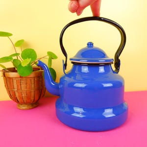 May include: A vibrant cobalt blue enamel kettle with a black handle and spout. The kettle has a rounded body and a lid with a small knob. A small potted plant with round green leaves sits to the left.