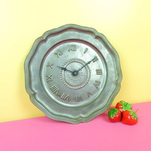 Vintage metal pewter wall clock, Junghans Quarz clockwork, industrial midcentury home decor silver clock retro design