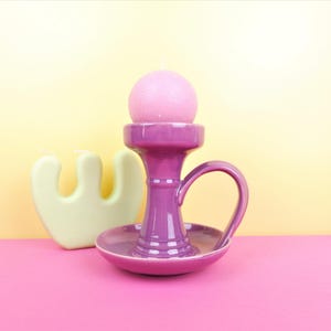 Vintage purple ceramic candle holder, huge novelty chamberstick holder, mid century 1970s design
