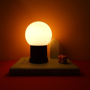 Vintage mushroom light, opaline white glass globe shade brown mount, desk table bedside lamp, 1970s, 70s retro mcm mid century funky decor