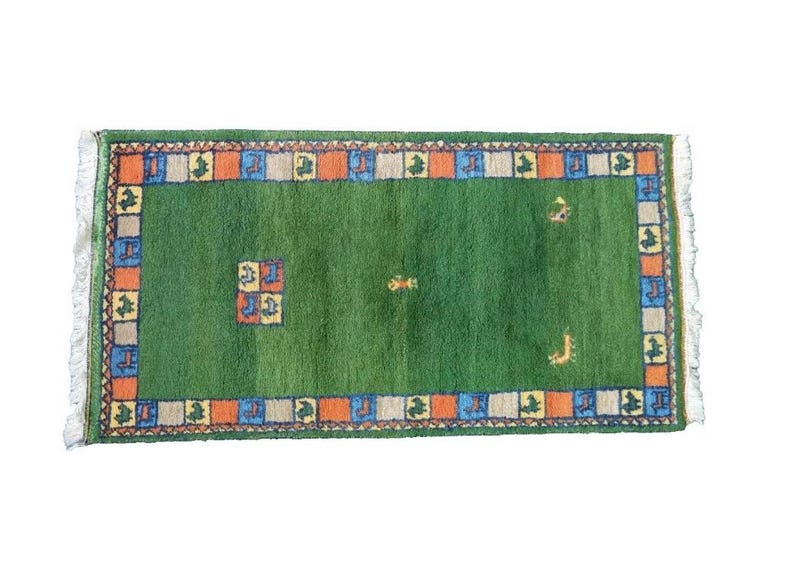Vintage Woven Textile Green Wool Rug, Kilim Indian Style Mcm Boho Home