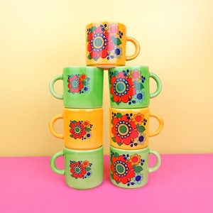 Vintage 60s 70s ceramic espresso coffee cups, flower power retro design, mid century home decor