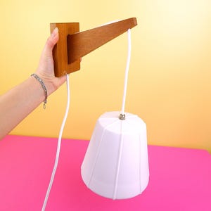 Vintage Danish white porcelain and teak pendant wall lamp, hanging lighting 1960s 1970s atomic midcentury decor