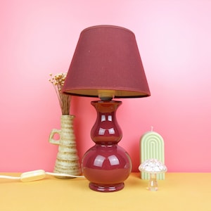 Vintage ceramic bedside lamp, maroon red pottery table light, vintage 1980s 1990s postmodern decor