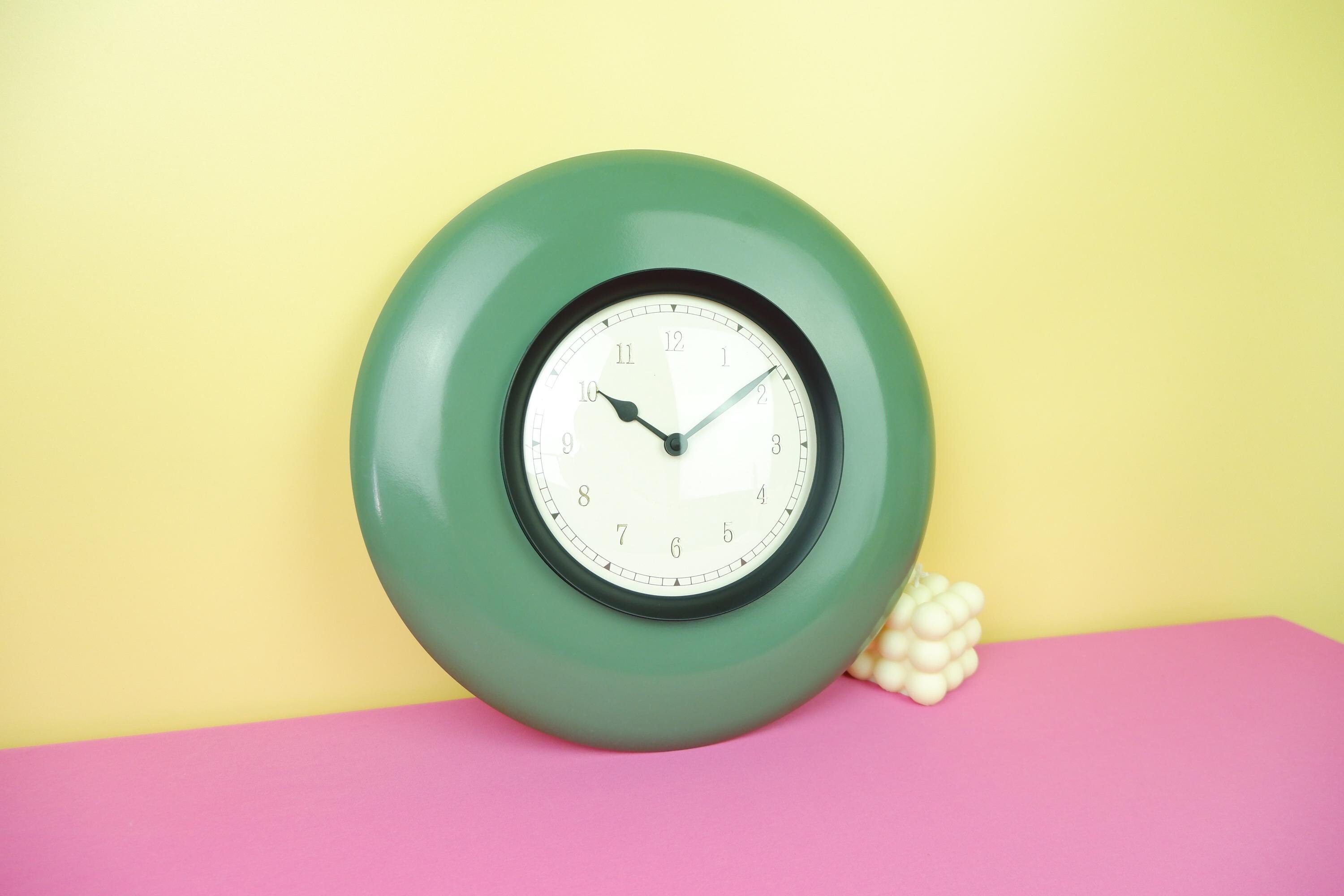 Vintage 1990s wooden wall clock, sage green, postmodern design, contemporary cottagecore farmhouse decor
