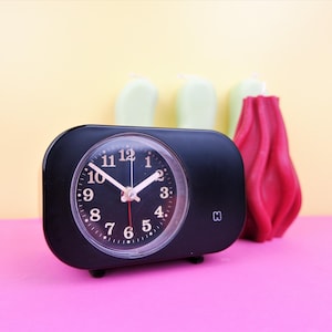 Vintage Dutch black alarm clock big snooze button, Hema, mid century retro 1970s 1960s design