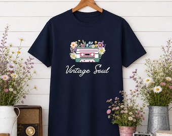 Retro blommig kassettbands-t-shirt, 80-90-talsnostalgi