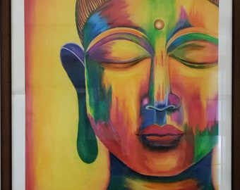 Puede incluir: Una pintura enmarcada de una cabeza de Buda con una paleta vibrante y multicolor de amarillo, rojo, azul y verde. La obra muestra un rostro sereno con los ojos cerrados, un urna prominente en la frente y lóbulos de las orejas alargados.