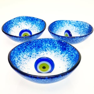 Greek Eye Bead Handmade Glass Bowl Set of 3 or 6 with, Tapas or Mezze Serving Bowls, 12 cm (4,7&quot;) diameter