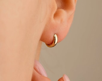 Huggie 14K Solid Gold Earrings, 10mm Small Hoops Earring With A Thick Width, Model #6