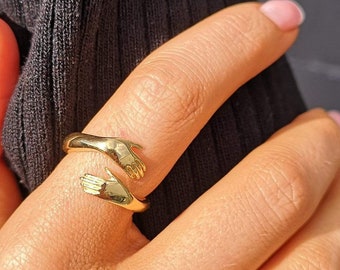 Umarmung Ring, 14K 18K Solid Gold, Hand Umarmung Liebe Ring, Freundschaft Ring, Verstellbare Ringe, y2k Schmuck