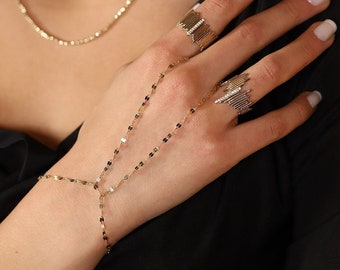 14k Solid Gold Hand Chain Bracelet: Italian Mirror Sun-Mirror