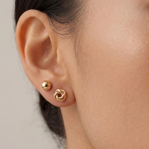 14K Solid Gold Stud Earrings Set, Knot Studs, Ball Earrings, Teardrop Studs, Minimalist Ear Stack, Tiny Gold Earrings