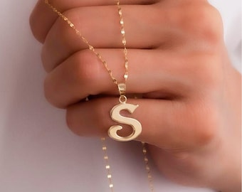 Gold Vintage Initial Necklace, 14K Solid Gold initial Necklace, Christmas Gift For Her