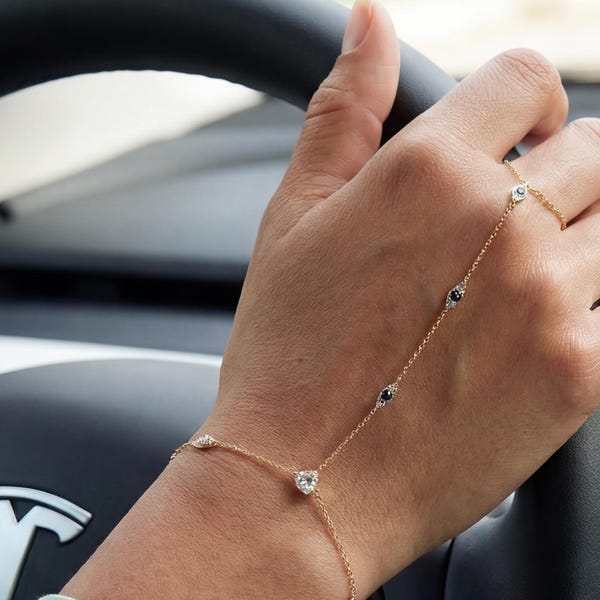 Evil Eye Hand Chain Ring Bracelet, Dainty Hand Harness Bracelet, Sapphire Evil Eye Slave Bracelet, Minimal Gold Hand Chain Jewelry