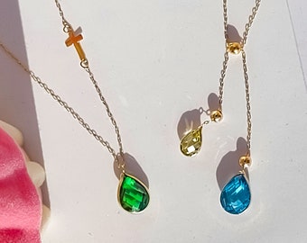 14k Solid Gold Emerald Necklace: Dainty Aquamarine Birthstone Pendant