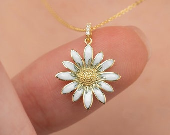 14K Solid Gold Daisy Necklace: White Enamel Flower Pendant