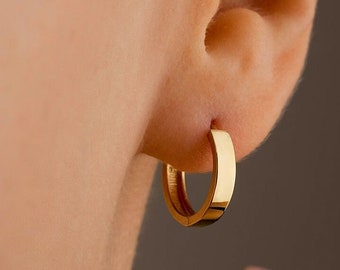 14k Solid Gold Hoop Earrings: Classic Huggie Style (14mm)