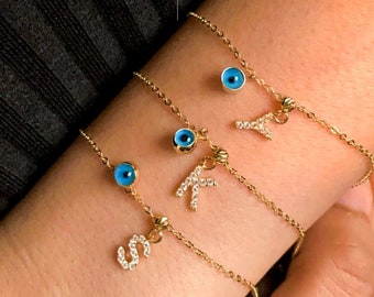 14K Solid Gold Evil Eye Bracelet, Turkish Evil Eye Pendandt, Good Luck Charm, Birthday Gift for Her