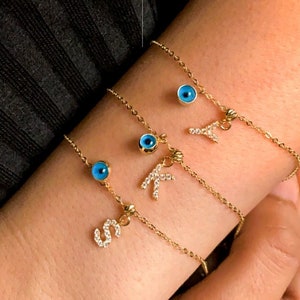 14K Solid Gold Evil Eye Bracelet, Turkish Evil Eye Pendandt, Good Luck Charm, Birthday Gift for Her