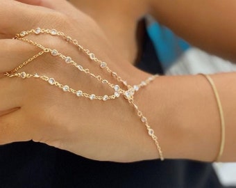 Gold Hand Chain, CZ Stone Beaded Hand Bracelet, Slave bracelet, Dainty Bracelet