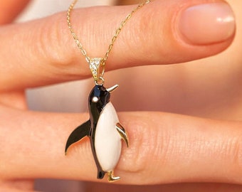 14k Gold Valentine Gift, 14K Solid Gold Enamel Necklace, Gold Penguin Charm Pendant, Valentine gift