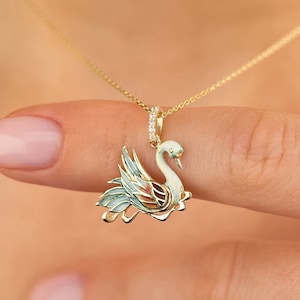 14k Solid Gold Swan Necklace for Her - Enamel Necklace - Perfect Christmas Gift