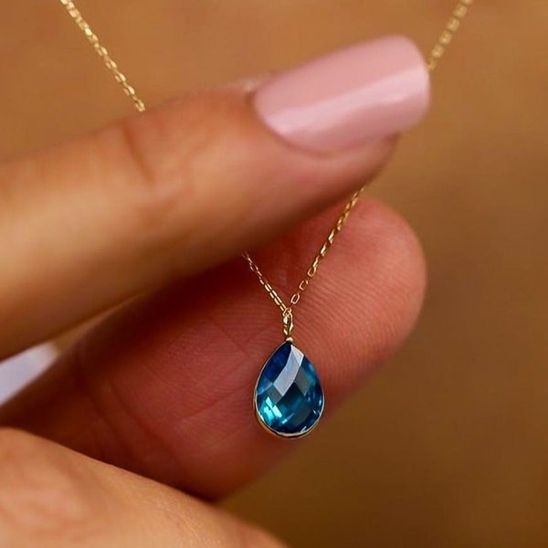 14Kt Gold Blue Sapphire Necklace, 14K Solid Gold Sapphire Pendant, Dainty sapphire pendant, Radiant Pendant, Christmas Gift