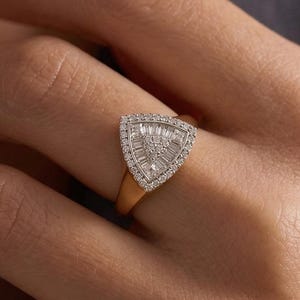 14K Solid Gold Triangle Baguette Ring – Emerald Sapphire Ruby Diamond Halo Ring, Geometric Statement Fine Jewelry Gift for Her