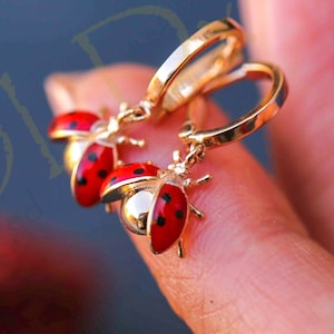 Ladybug Earrings 14K Solid Gold, Ladybird Good Luck Earring, Ladybug Jewelry, Gift For Her