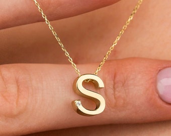 14K Solid Gold Letter S Diamond Necklace, Initial Gold Necklace, Custom Letter, Personalized Letter Jewelry