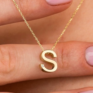 Collar de diamantes con la letra S en oro macizo de 14 quilates, collar de oro con inicial, letra personalizada, joyería con letras personalizadas