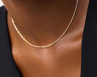 14K Solid Gold Singapore Chain Necklace: Dainty Twisted Rope Chain