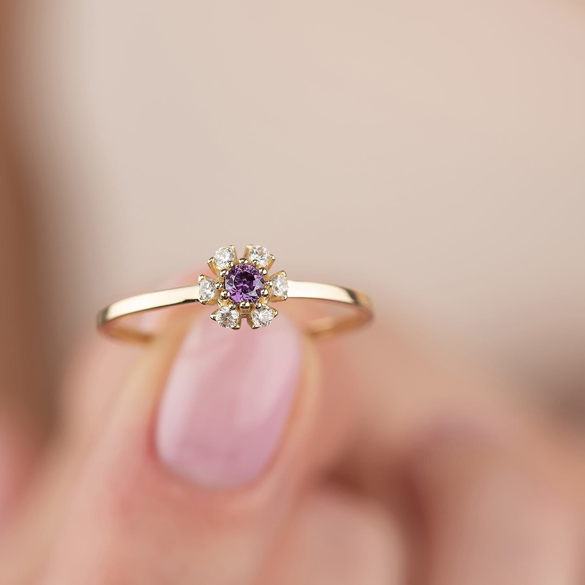 Amethyst Flower Ring in 14K Gold, New Year Lucky Birth Flower Ring, Gifts For Her Christmas