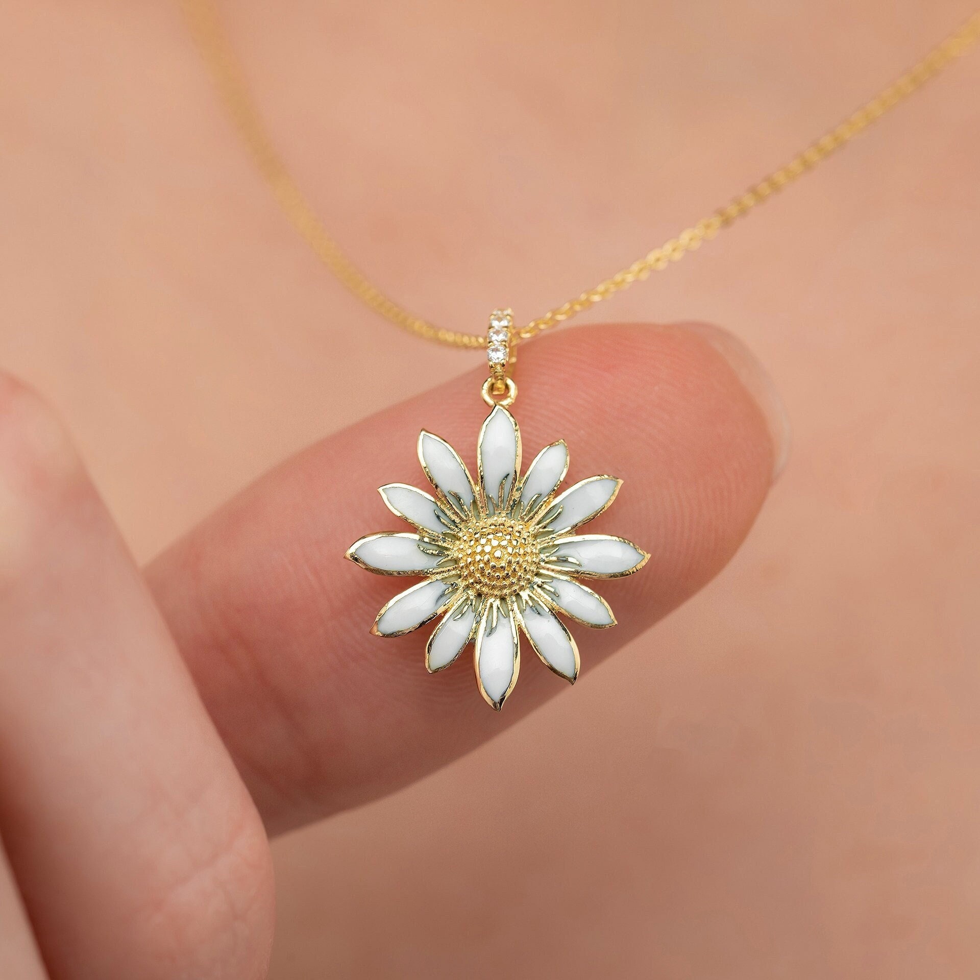 14K Solid Gold Daisy Necklace: White Enamel Flower Pendant - Etsy