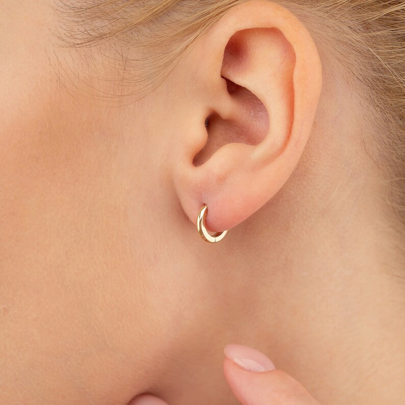 14k Gold Huggie Earrings Solid Gold Mini Hoops Mini Gold Etsy