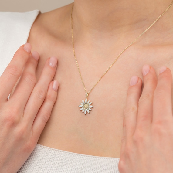 14K Solid Gold Daisy Necklace: White Enamel Flower Pendant - Etsy