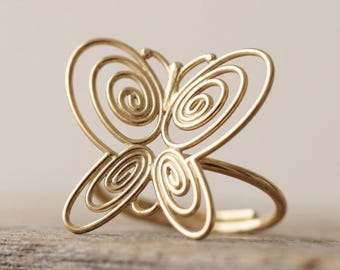 Anillo con espiral, anillo artístico de mariposa, joyería escultural ajustable, anillo con inicial en oro de 18 quilates.