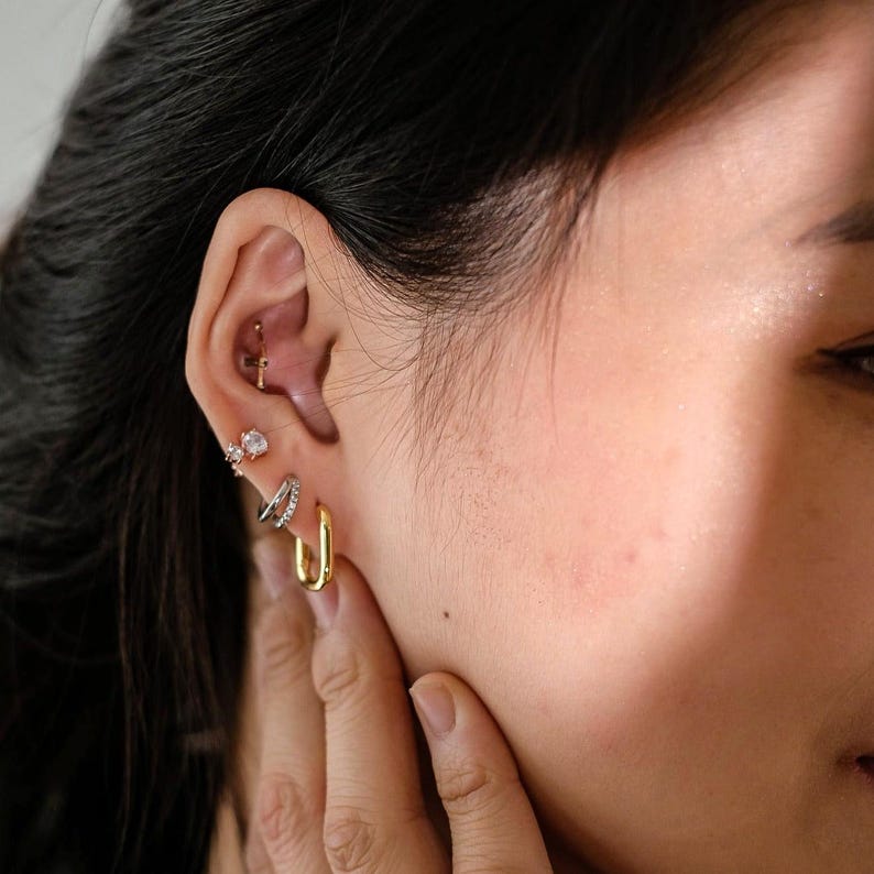 14K Solid Gold Oval Hoop Earrings Chunky Ushape Huggie Earrings