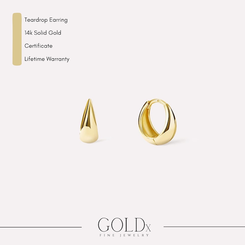 Aretes en forma de lágrima de oro de 14 k Aretes colgantes mini Aretes tipo argolla con cúpula gruesa Aretes Huggie de oro macizo de 14 k Aretes tipo argolla Y2K imagen 2