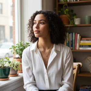Op de afbeelding: Een vrouw draagt een wit overhemd en een gouden ketting met turkooizen stenen. De ketting heeft een Y-vormige hanger. De vrouw zit bij een raam met planten en een boekenplank op de achtergrond.