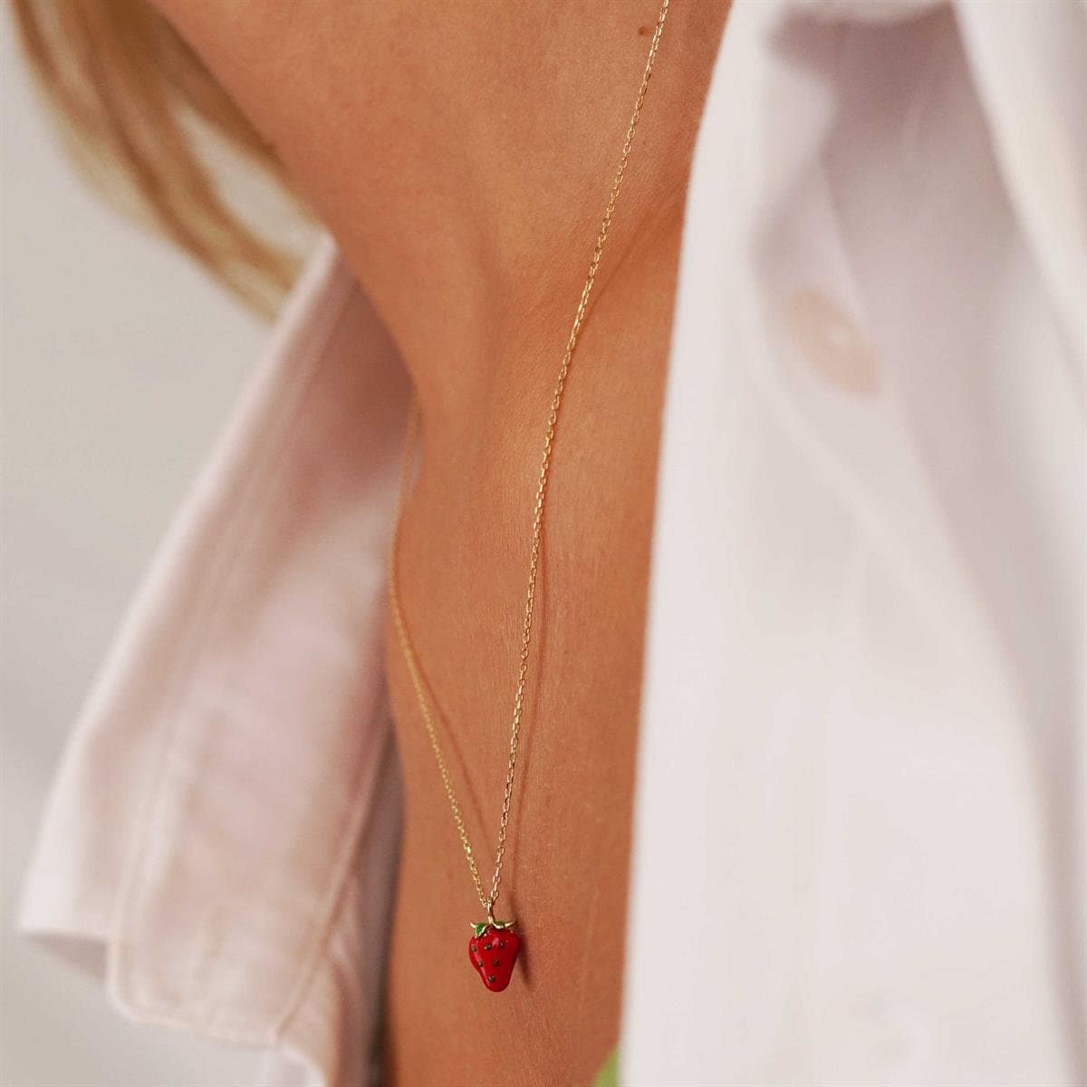 14k Solid Gold Strawberry Necklace: Enamel Y2K Pendant