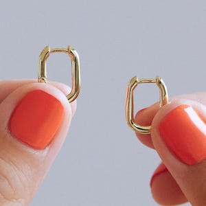 14K Solid Gold Oval Creolen Ohrringe: Chunky U-Form baumeln