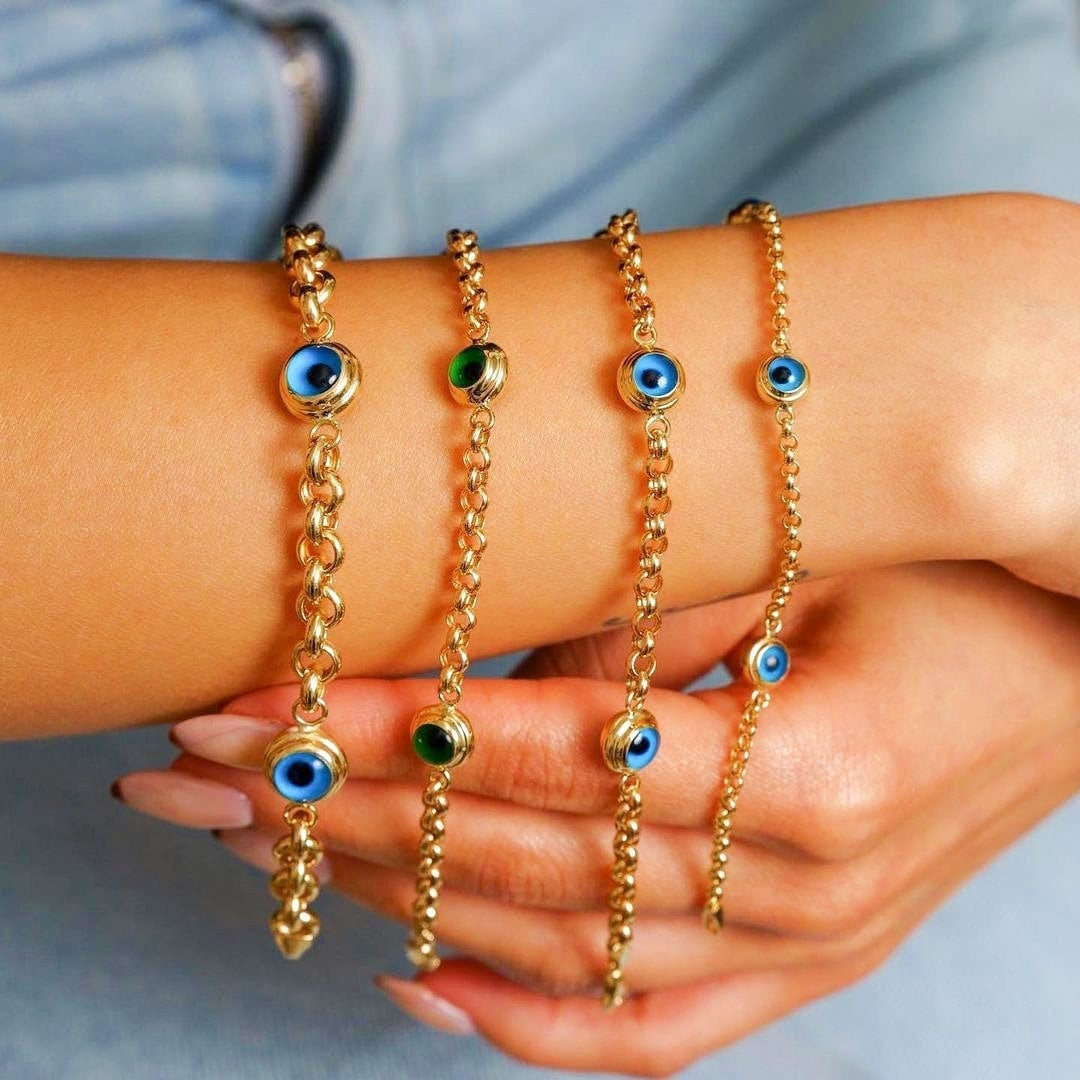 14k Solid Gold Evil Eye Bracelet, 14k Real Yellow Gold Adjustable Chain