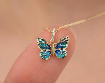14K Solid Gold Butterfly Necklace: Blue Enamel Holiday Jewelry