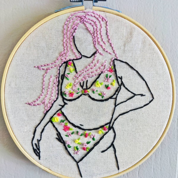 Body positive plus size lingerie floral print purple hair 6 inch wooden embroidery hoop hand made