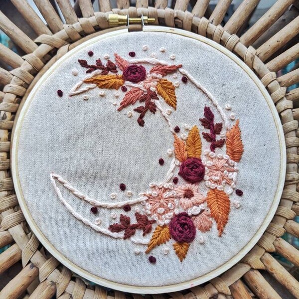 Hand embroidered moon/floral boho 7inch hoop