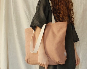 Bolso tote de lino natural con bolsillo, bolso grande de playa de lino, bolso de mercado de tela, bolso tote minimalista, bolso tote vegano