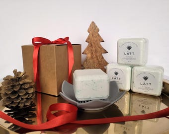 Shower steamers gift set: pack of 4 shower bombs + tray + cold process soap, eucalyptus shower self care gift box, lavender aromatherapy